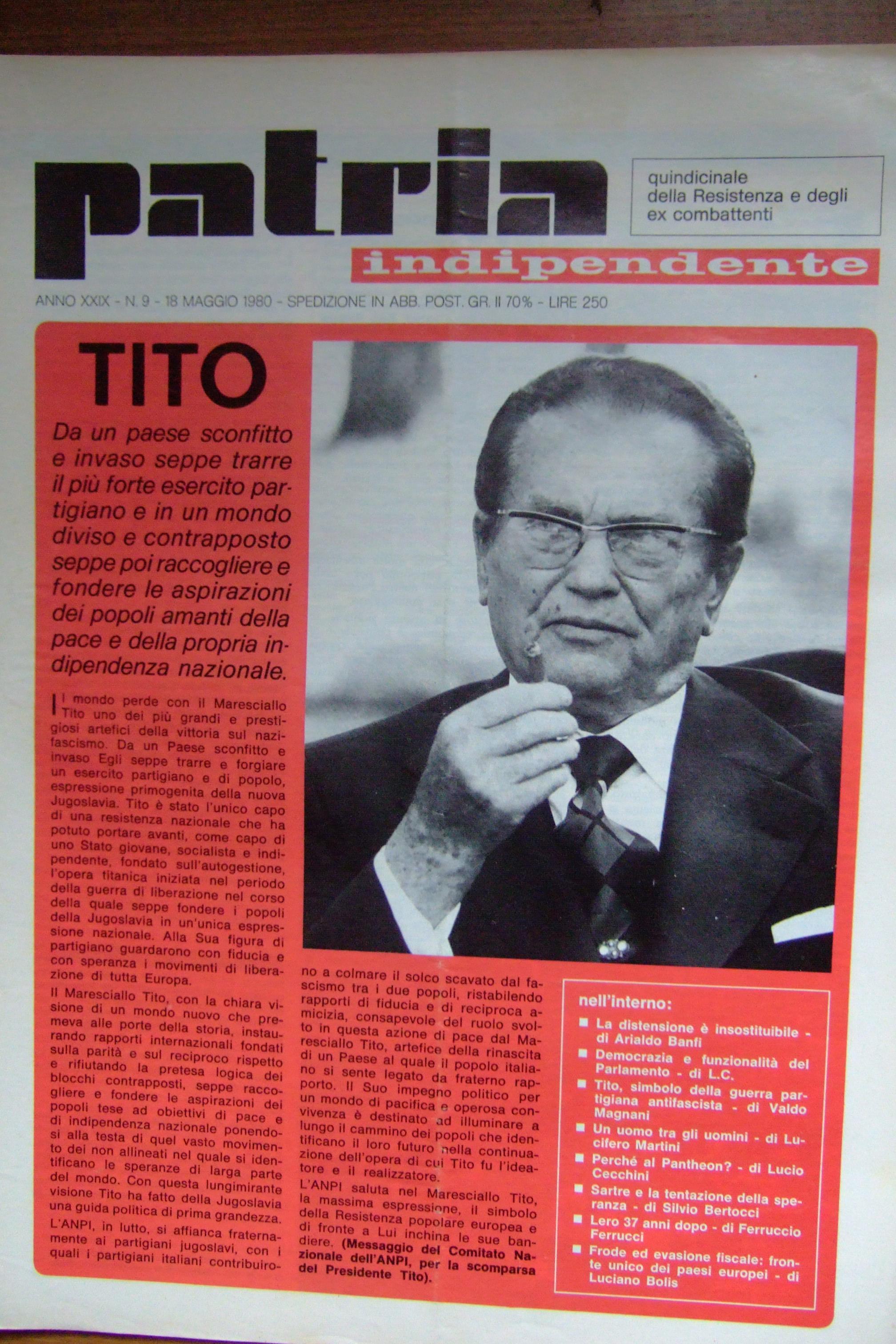 Patria Indipendente (periodico ANPI)
                    a.XXIX/1980 n.9 - copertina